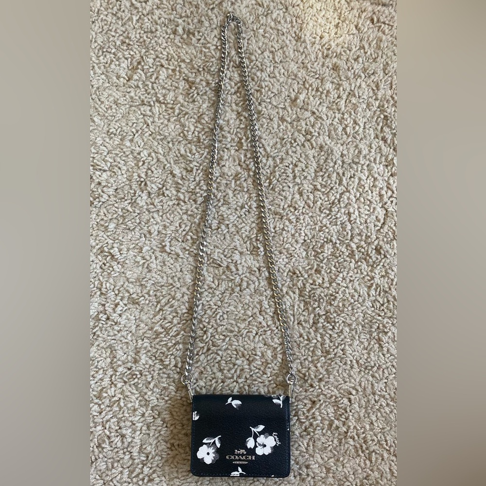 Coach Black Floral Print Leather Wallet On Chain